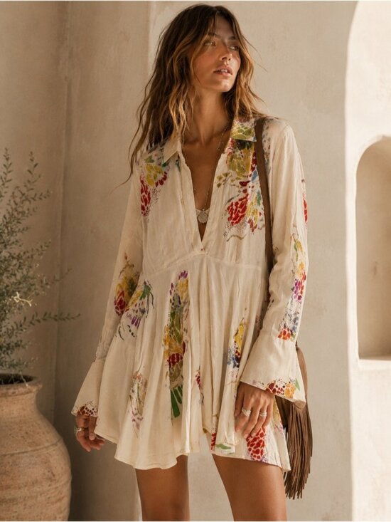 Free People Dresses & Skirts - Free People Cream Floral Boho Tunic Mini Dress Size M